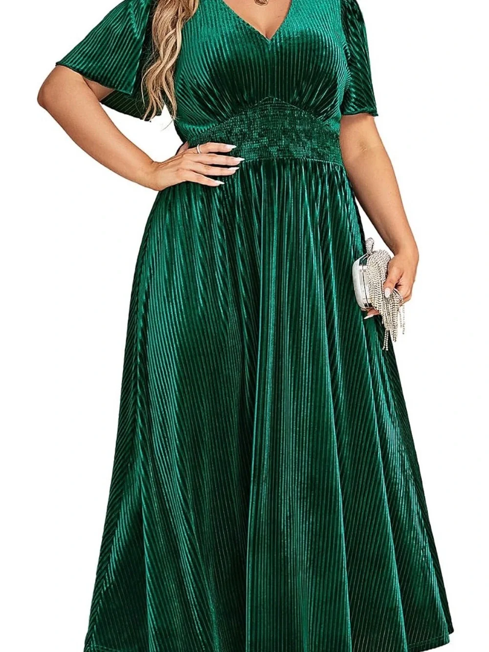 Plus Size Emerald Green Velvet Pleated V-Neck